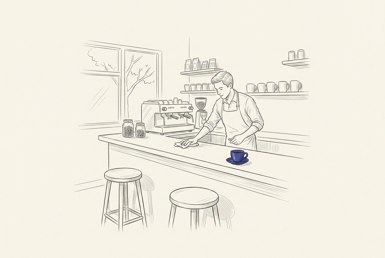 A quiet café interior in the morning with a barista wiping the counter and an indigo coffee cup on the bar