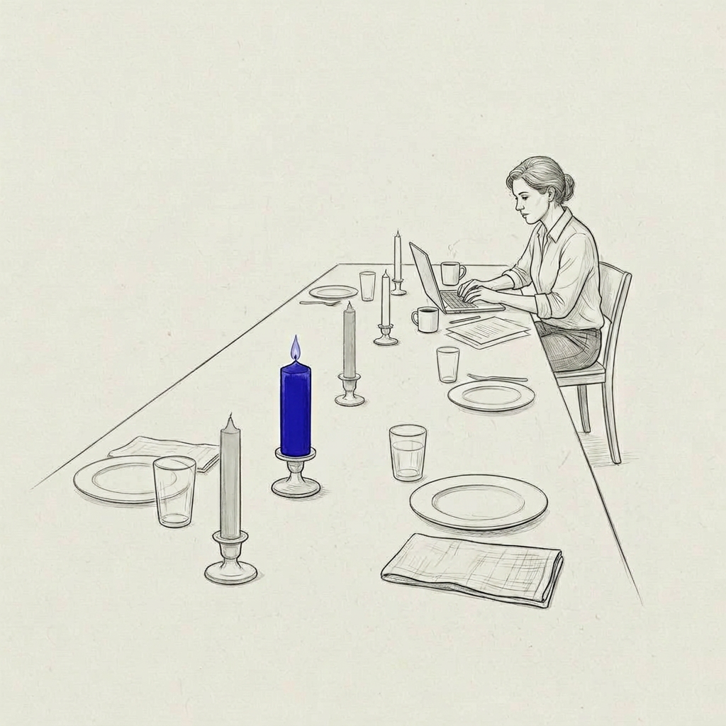 A long communal supper-club table mid-prep with a single indigo candle flame