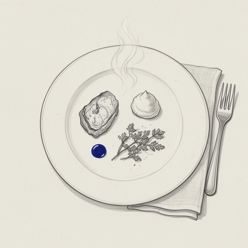 A plated dish with steam rising and a single indigo garnish