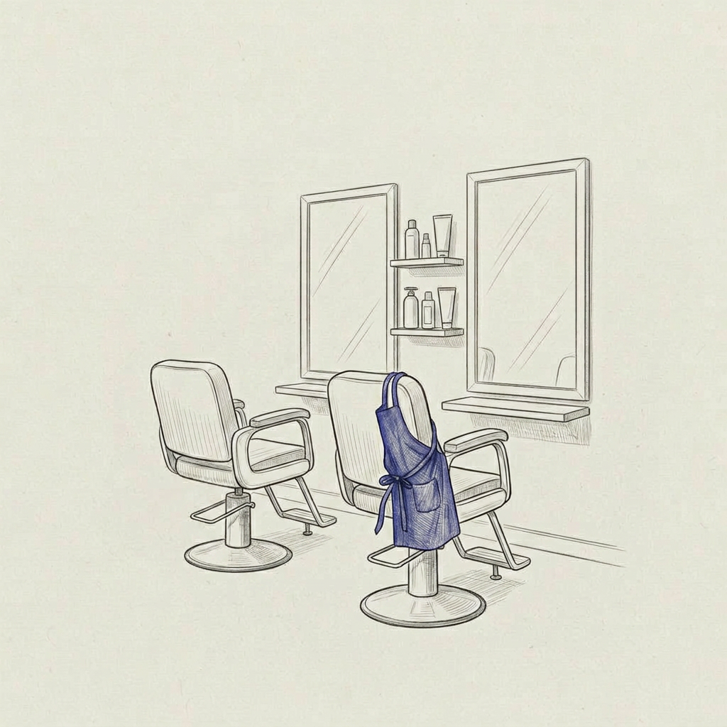 A small salon interior with two empty chairs and an indigo apron tie