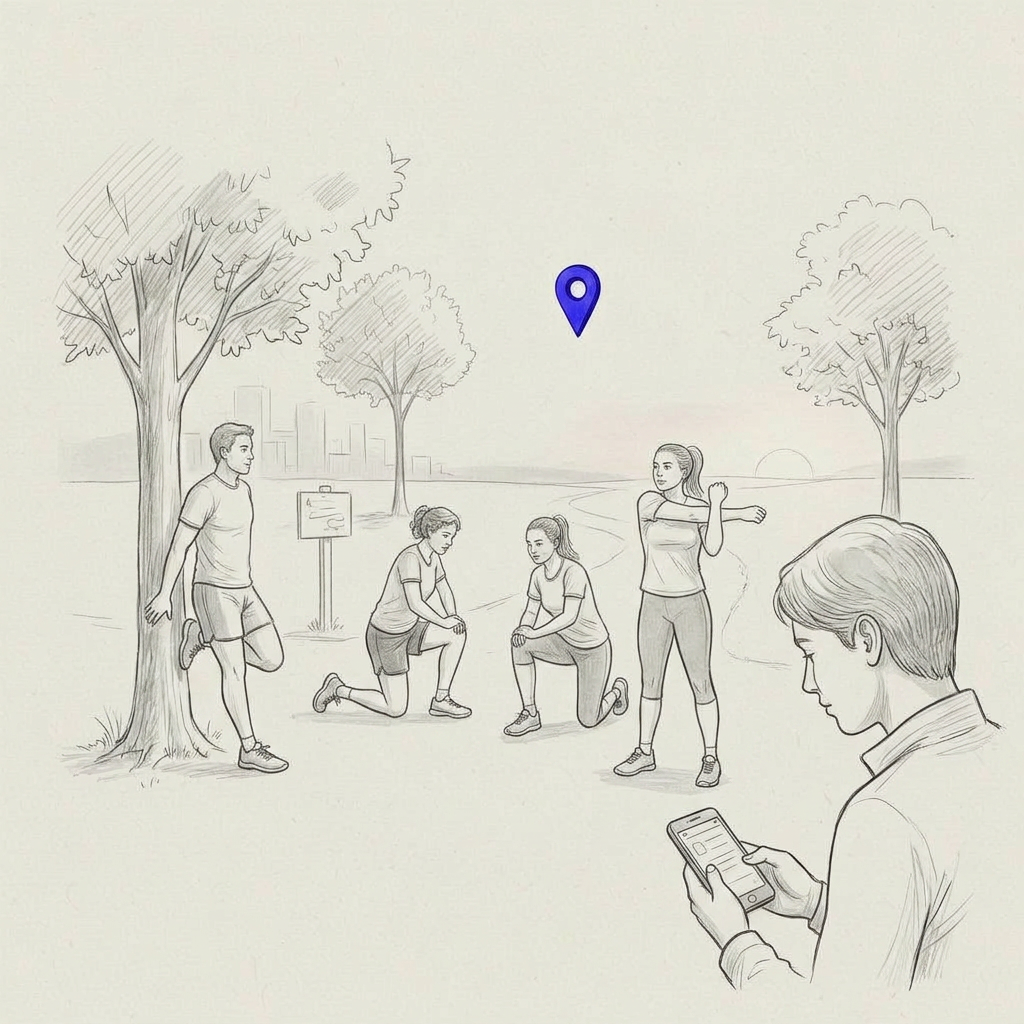 Runners stretching at a park trailhead at dusk with an indigo map pin overhead